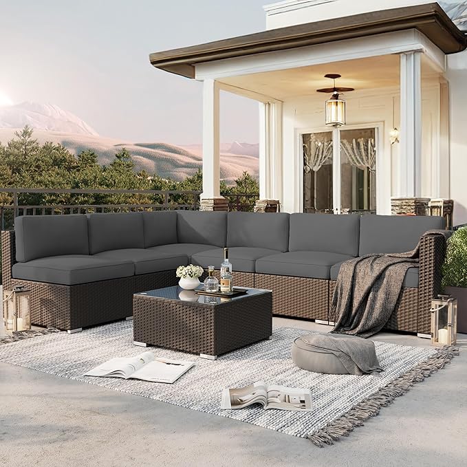 SUNCROWN 7-Piece Outdoor Patio Furniture Sofa Set All-Weather Black Wicker Sectional Conversation Set with Modern Glass Coffee Table and Cushions, Garden, Backyard, Deck, (Dark Grey)