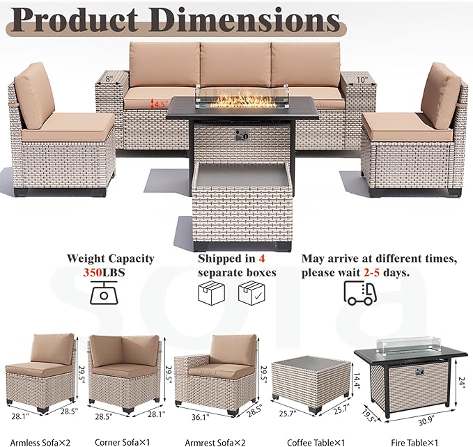 7 Pieces Patio Furniture Set with Fire Pit Table, Outdoor Sectional Wicker Sofa with Thickened Cushions and Coffee Table, High Back Rattan Patio Conversation Sets, Khaki