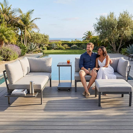 Patio Sectional Sofa Set for 4/5, All Weather Patio Furniture Set, Outdoor Patio Conversation Set with Cushions, Modular Patio Sofa Couch with Ottoman/Rolling Side Table for Fire Pit, Grey