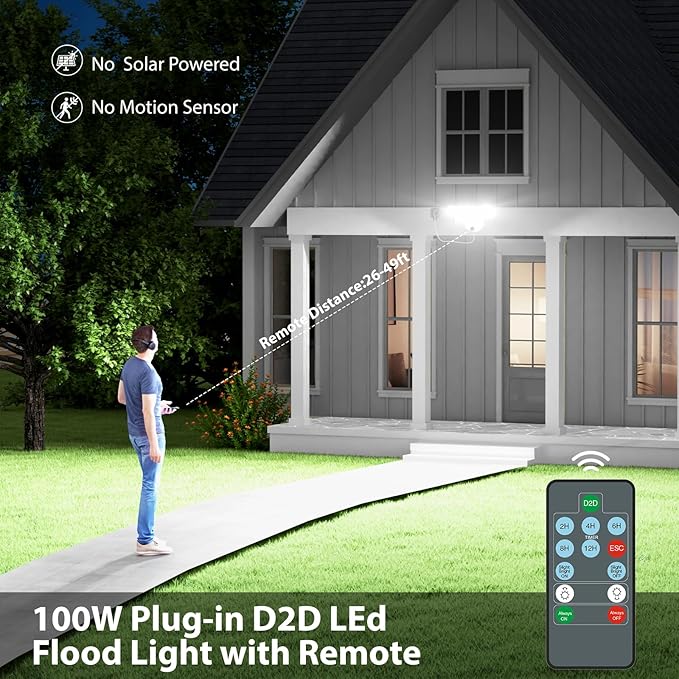 iMaihom 100W Dusk to Dawn Outdoor Lighting, 10000LM Plug in Flood Lights with Remote Control, 2 Modes IP65 Waterproof Led Exterior Security Light with Photocell, 6500K Floodlight for Yard Garage White