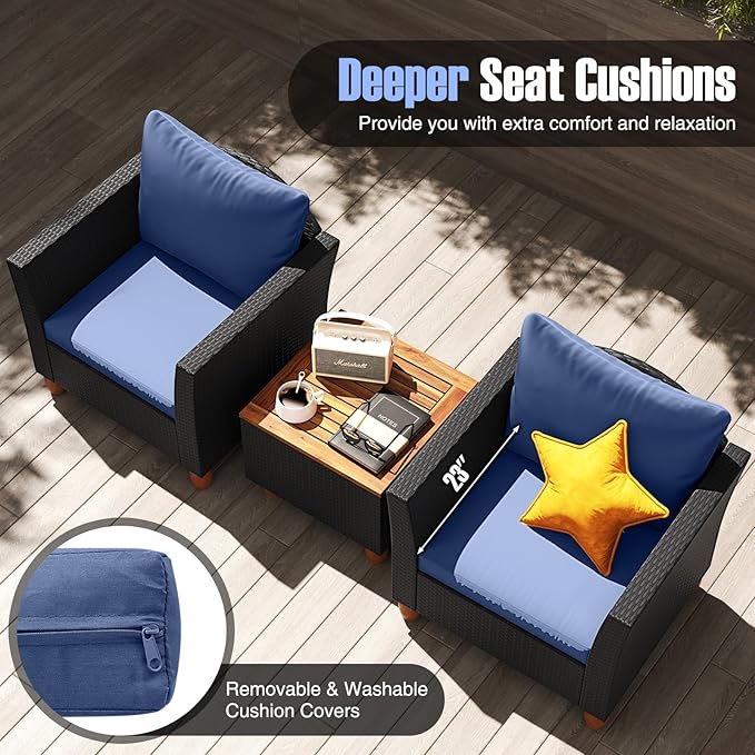 HAPPYGRILL 3 Pieces Patio Conversation Set with Storage Coffee Table, PE Rattan Wicker Sofa Set with Cushions, Acacia Wood Outdoor Furniture for Balcony Backyard Porch Garden