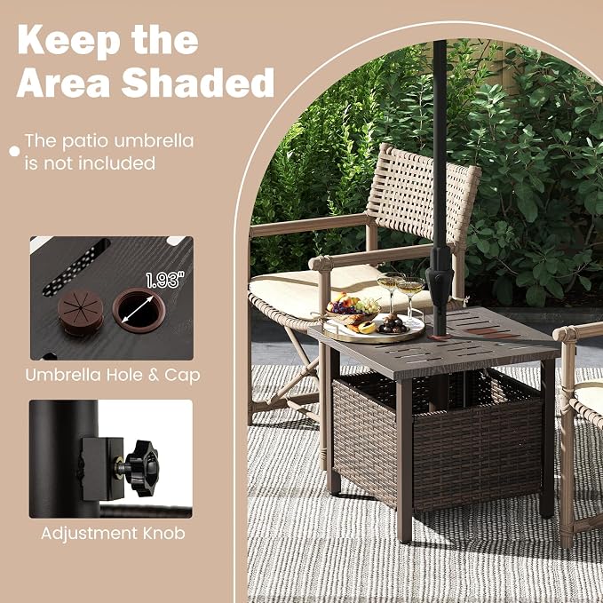 RELAX4LIFE Wicker Outdoor Side Table - Rattan Square Patio End Table with 1.93” Umbrella Hole & Rustproof Frame, Outside Umbrella Stand for Garden Deck Porch Balcony Poolside Backyard