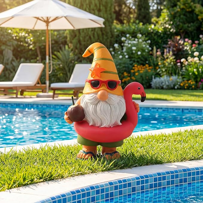 Lavezee Garden Gnome Statue Outdoor Decor, Solar Gnomes with Flamingo Figurine for Garden, Patio, Yard Decor, Summer Pool Party