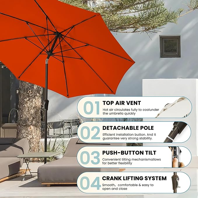 9FT Large Outdoor Patio Umbrella Pool Market Umbrella-UV Resistant, Easy Push Button Tilt and Crank, 8 Sturdy Ribs Heavy-Duty Table Umbrella for Deck, Backyard, Garden(Orange)
