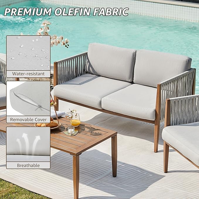 NATURAL EXPRESSIONS 4 Pieces Patio Furniture Sets, Outdoor Patio Deep Seating Group Conversation Sofa Set with Handwoven Rope, Wooden Grain Printing Metal Frame with Olefin Cushions