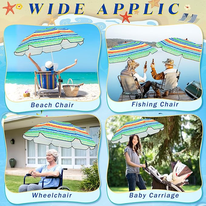 Buryeah 2 Pcs Beach Chair Umbrella Automatic with Universal Adjustable Clamp 44" UPF 50+ Portable Clamp on Beach Chair for Wheelchair Patio Golf Carts Camping