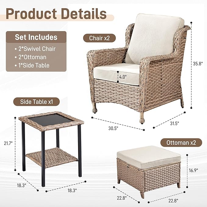 5 Piece Patio Furniture Set with Ottomans, PE Wicker Outdoor Chairs with Cushions & Tempered Glass Table, Space-Saving Balcony Furniture Set for Porch, Garden, Backyard, Beige
