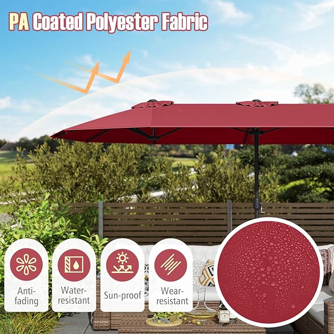 Tangkula 13FT Double-sided Patio Umbrella, Extra Large Twin Table Umbrella with Crank Handle, Umbrella Base, Safety Lock, Air Vent, Outdoor Market Umbrella for Garden Pool Backyard (Burgundy)