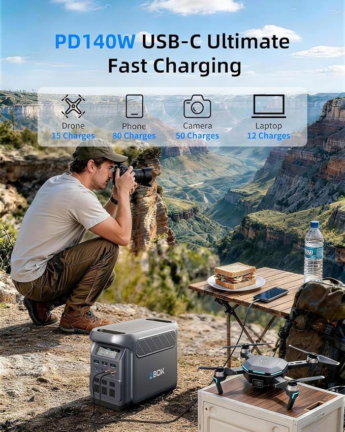 ABOK Elux1 1024Wh Portable Power Station, 1800W LiFePO4 Solar Generator, PD140W/100W USB-C, UPS, Max 1000W Solar Input, Expandable to 5120Wh, 12 Output Ports for Home Backup, Camping, RV, Outage