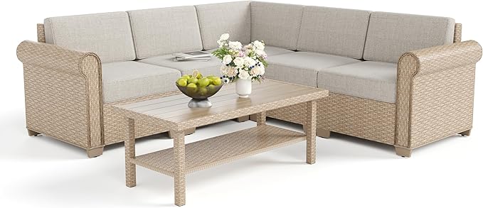Patio Furniture Set 6 Piece, Wicker Rattan Sectional Sofa Couch with 5.5" Thick Waterproof Cushion and Coffee Table, L Shape All Weather Outdoor Conversation Set for Lawn Backyard Deck, Beige