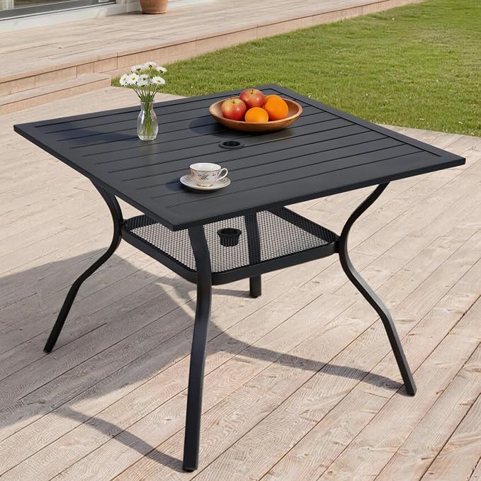 37" Outdoor Dining Table for 4 Person, Metal Rectangular Steel Slat Square Patio Dining Table with Adjustable Umbrella Hole for Garden, Partitioned Storage Rack, Backyard and Porch, Black