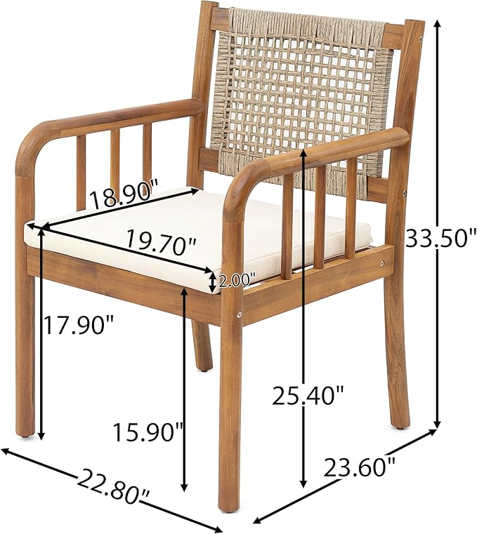 Christopher Knight Home Vera Acacia Wood Outdoor Dining Set for 6, 7 Piece Patio Dining Table and Chair Set, Wooden Outdoor Dining Armchair and Table Set, Teak+Cream