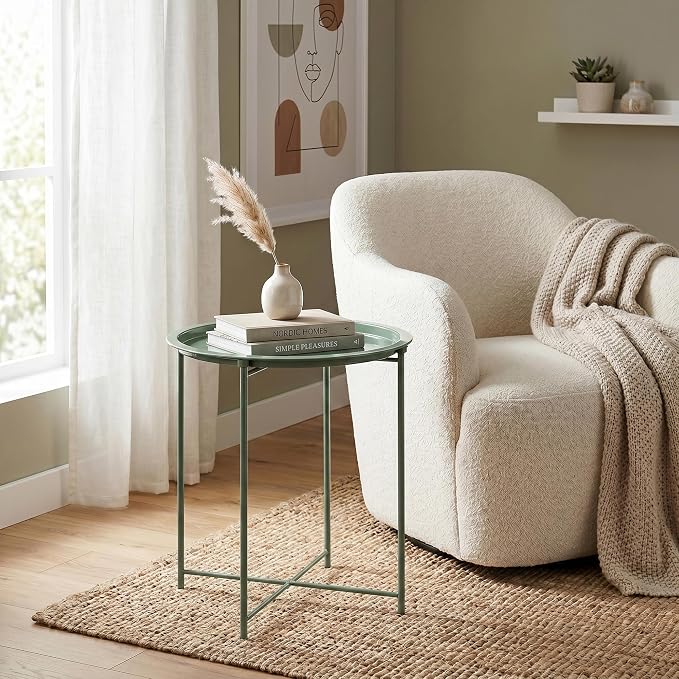 VECELO Side/End Table, Folding Round Metal Anti-Rust and Waterproof Outdoor or Indoor Tray for Living Room Bedroom Balcony and Office, 1 PCS, Dark Green