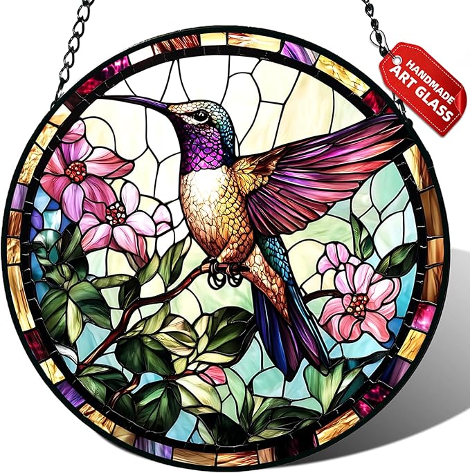 Hummingbird Stained Glass Suncatcher Window Hanging Flowers Gifts for Mom | 9.8in Garden Sun Catcher, Bird Pink Flowers Ornament for Door Home, Gift for Bird Lovers Grandma & Mother's Day Christmas