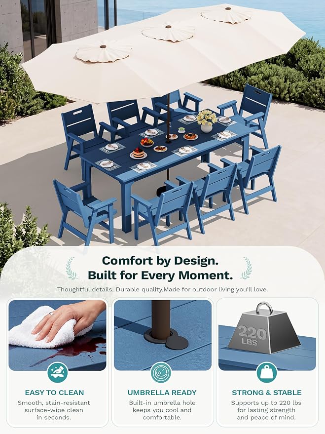 SERWALL 76" HDPE Outdoor Dining Set, 10 Pieces Patio Furniture with Rectangular Table, 8 Chairs & 1 Umbrella (Base Not Included), All-Weather Outdoor Dining Set for Backyard Deck Balcony, Blue