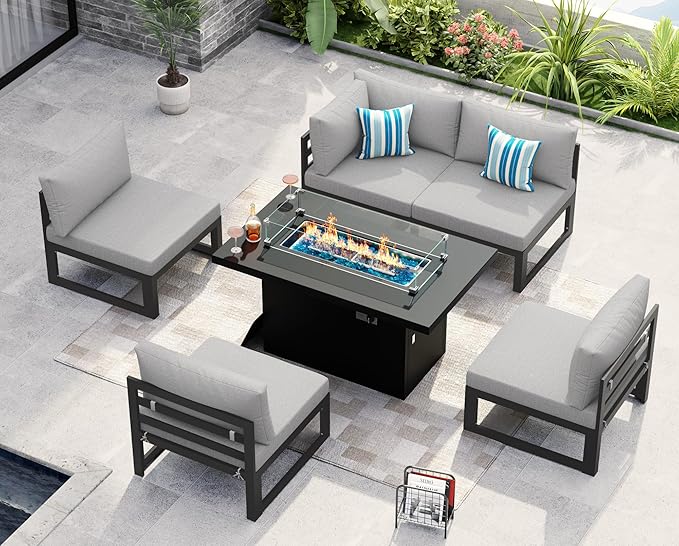 NICESOUL® 6 Piece Extra Large Grey Aluminum Frame Outdoor Patio Furniture Set with Fire Pit Table, 29'' Deep Wide Seating Sofa Conversation, L Shape Modular Sectional Couches for Backyard, Light Grey