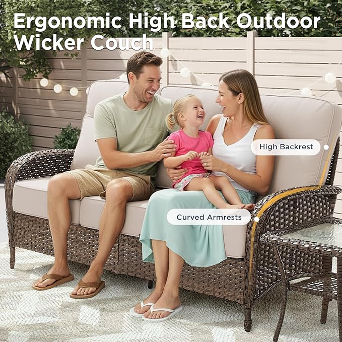 Luxury Outdoor Patio Furniture Set with 6-Inch Thick Cushions, 5 Pieces Wicker Outdoor Furniture with High Back Swivel Patio Chairs Set of 2, Outdoor Conversation Set for Deck Garden Porch, Beige