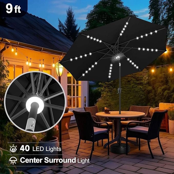 FLAME&SHADE 9 FT outdoor umbrella with 40LED lights, solar light patio umbrella with Centre Surround Light, Table Market Umbrella Outdoor Patiofor Deck, Pool, Backyard, Garden (Black)