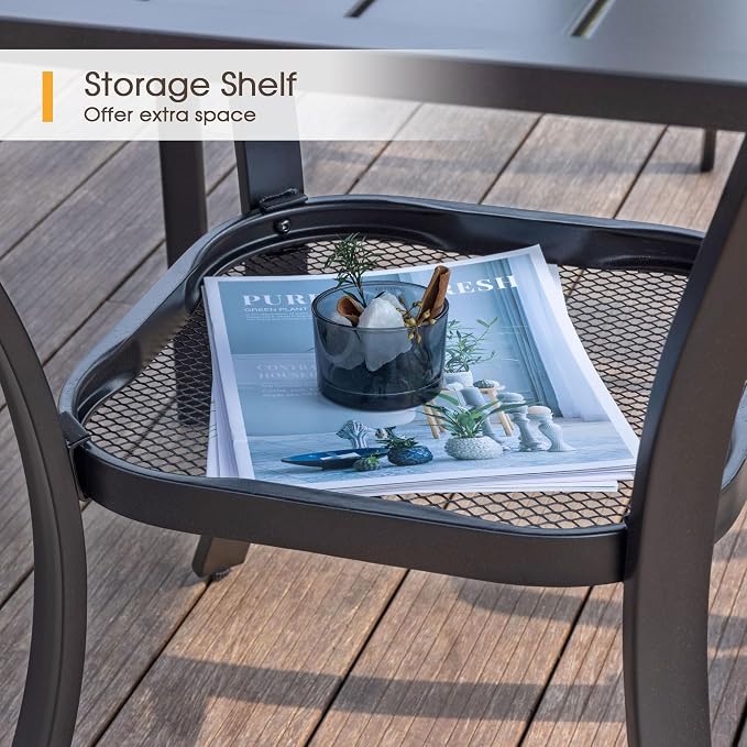 VICLLAX Small Patio Dining Table, 28"x 28" Square Metal Slatted Table with Storage Shelf for Front Porch Deck Lawn Garden, No Umbrella Hole, Dark Grey Tabletop
