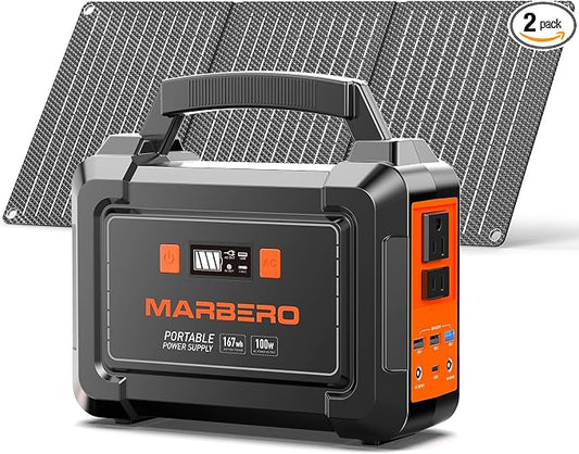 MARBERO Solar Generator 162.8Wh Camping Portable Power Station 200W Peak with Foldable Solar Panels 30W with AC Outlet 110V Multi-Port LED Flashlights for CPAP Home Camping Hurricane Emergency