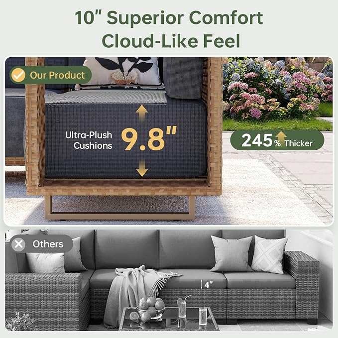 Aoxun Patio Furniture Set, 6 Piece Outdoor Wicker Sectional Sofa Set, All-Weather Rattan with 10'' Ultra-Thick Cushions, Outdoor Conversation Set for Backyard, Poolside and Garden, Yellow/Dark Gray