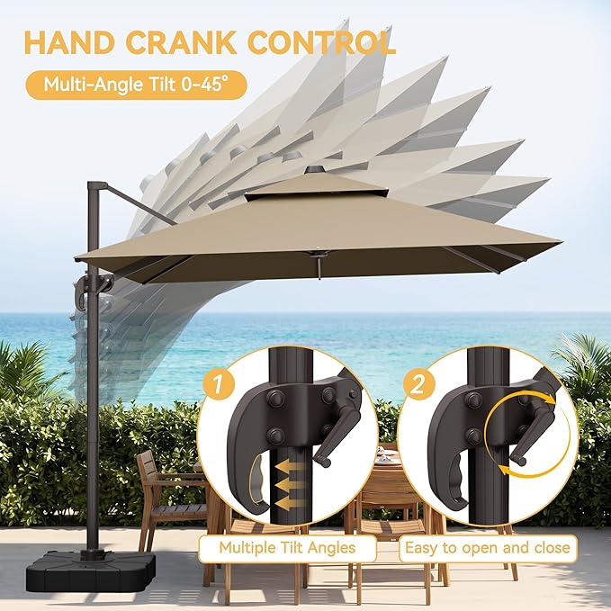 VEGOND 10x13 FT Patio Cantilever Umbrella with Base, Rectangular Heavy Duty Offset Umbrella for 8-10 People, 360°Rotation & Mult Tilt, Double Top Design, for Pool Garden Deck (Tan)