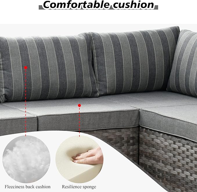 HOOOWOOO Outdoor Patio Sectional Furniture Sofa Set with Large Fire Pit Table,9 Piece Modern Wicker Couch with Swivel Chair,Modular Conversation Seating Set with Widened Armrest(Grey Strips)