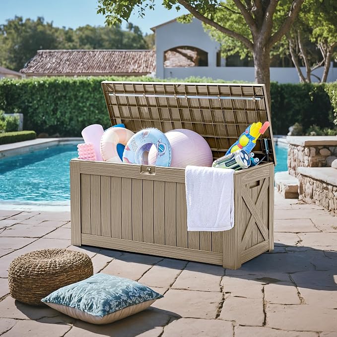 Greesum 120 Gallon Deck Box, Resin Outdoor Storage Container for Patio Furniture, Garden Tools, Pool Accessories, Weatherproof, Lockable, Coffee