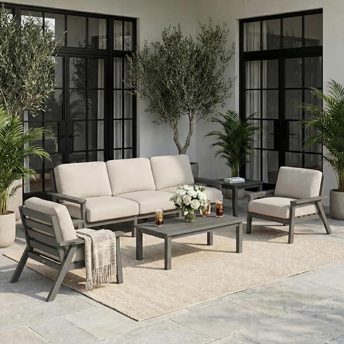 7 Piece HDPE Outdoor Furniture Set with Beige Cushions (Gray Frame) | All-Weather HDPE, Modular Design, Extra-Deep Seating, Thick Cushions, Ideal for Backyard, Deck & Porch