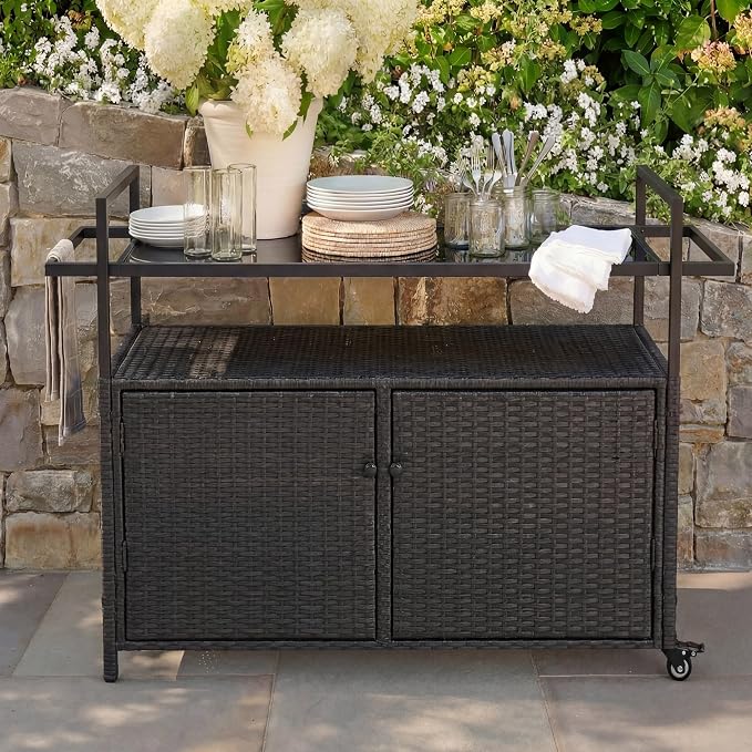 51.2" Wicker Outdoor Bar Cart - Black Patio Console Storage Table Buffet Cabinet Serving Kitchen Cart with Wheels for Outside Backyard
