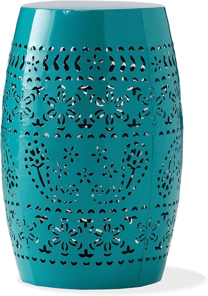 12" Outdoor Side Table, Decorative Cutout Metal Round Side Table, Multi Functional - Coffee Table, Night Stand, Plant Stand for Patio, Garden, Backyard, Gazebo Indoor (Teal)