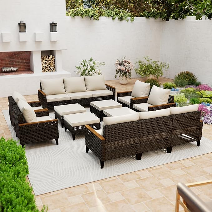 14 Piece Patio Sectional Sofa Furniture Set, All-Weather Wicker Rattan Outdoor Conversation Set with High Back and Thick Cushions, for Garden, Porch, Poolside, Beige
