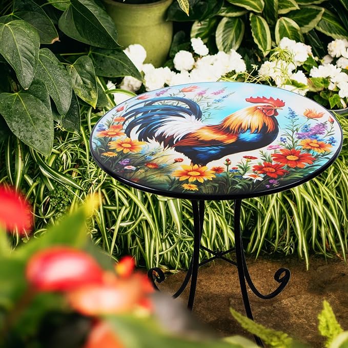 Outdoor Side Table, 18" Rooster Round Accent Table, Metal Indoor Small End Tables, Plant Stand Tables for Patio Yard Balcony Garden Bedside