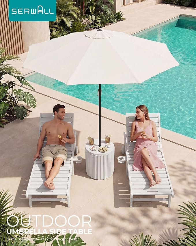 SERWALL Round Outdoor Umbrella Side Table Set of 2 - Outdoor Patio Table with Umbrella Hole for Porch/Patio/Poolside, Beige