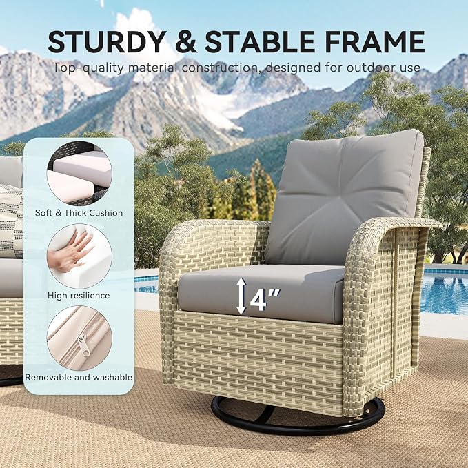 LazySunsets 12 Piece Outdoor Patio Furniture Set with 44'' Fire Pit Table, Wicker Rattan Outdoor Furniture with High Back Swivel Rocker Chairs, Outdoor Sofa Set with Thick Cushions & Ottoman, Grey