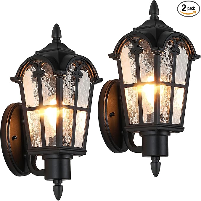 16’’ Large Outdoor Wall Light Fixtures, Exterior Wall Lantern Sconces | Waterproof, Rust-resistant, Matte Black, Water Ripple Glass, Quick & Easy Installation, Retro & Traditional