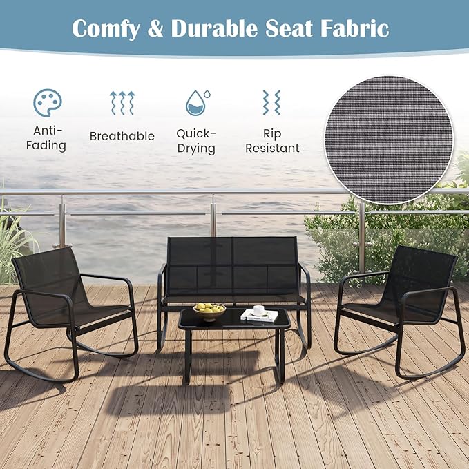 Tangkula 8 Piece Rocking Patio Furniture Set, 4 Rocking Chairs & 2 Loveseat with Glass-Top Table, Patio Rocking Set with Smooth Rocking Motion, Outdoor Rocker Conversation Set for Porch, Yard