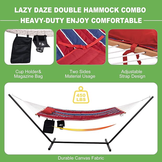 Lazy Daze Hammocks Double Hammock with 12 ft Steel Stand, 2 Person Cotton Rope Hammock with Quilted Pad, Spreader Bars, Detachable Pillow, Mag Bag & Cup Holder, Red&Navy Stripe