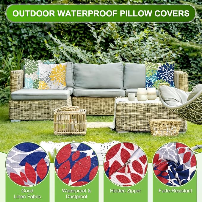 M METERXITY 2-Pack Pillow Cover 16x16 Linen, Blue Red Gray | Water Resistant Floral Decor Slipcover, for Patio, Balcony, Garden, Outdoor Pillow Case