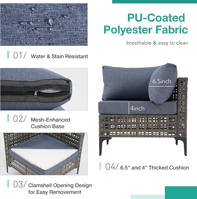 Patiorama 8 Piece Wicker Patio Furniture Set with 45” Fire Pit Table, Metal-Colored PE Rattan Outdoor Sectional Sofa, 50000 BTU Propane Fire Pit w/Wind Guard,Cover,Water Resistant Cushion-Denim Blue