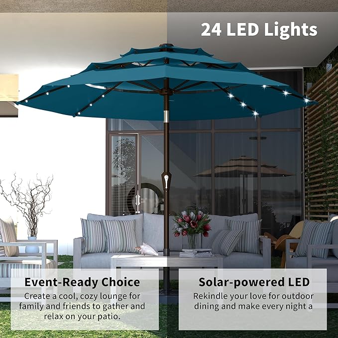 Kingdura 9ft 3-Tier Patio Umbrella with Solar Lights, Table Umbrella Outdoor Patio with Easy Crank & Tilt, 8 Sturdy Ribs, UV Protection, 32 LED Lights for Deck, Poolside, Market (Lake blue)