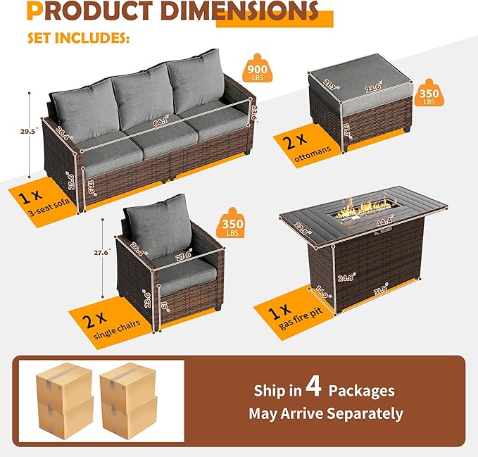 UDPATIO Outdoor Patio Furniture Set with 44" Fire Pit Table, 6 Pieces Sectional Conversation Sets, All-Weather Wicker Rattan Sofa Ottoman with 4" Thick Cushion for Garden Backyard Deck, Dark Grey