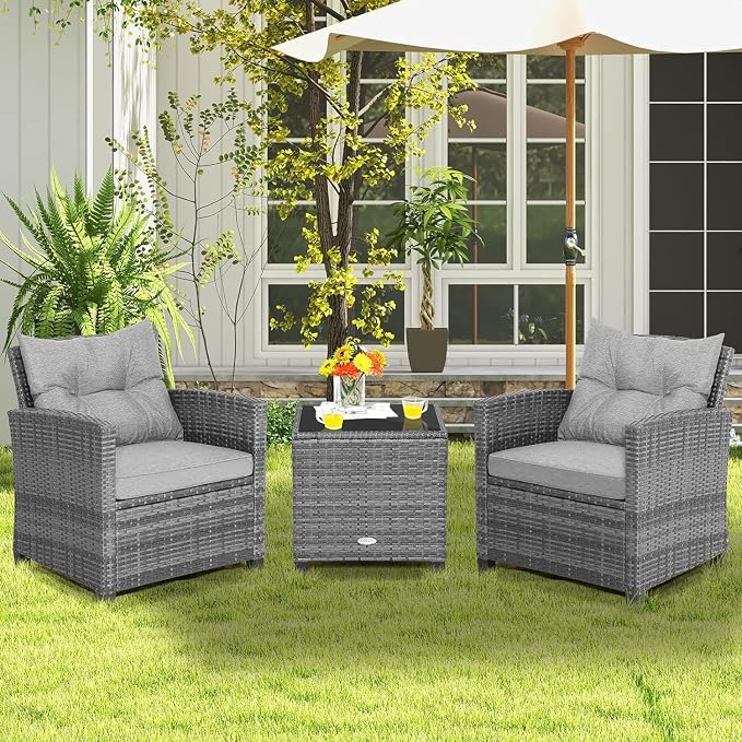 LDAILY Patio Furniture Set, 3 Pieces PE Rattan Wicker Patio Sofa Chairs with Washable Cushion & Glass Table, Outdoor Furniture Conversation Sets for Porch, Balcony, Garden, Poolside (Gray)
