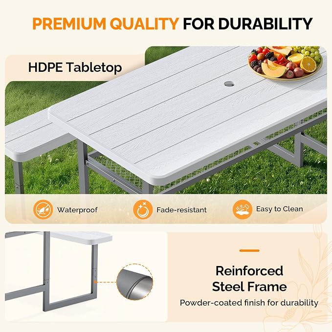 VINGLI 4.5ft Outdoor Picnic Table with Storage Shelf & 7.5 ft Umbrella, Wood Grain HDPE Top with Metal Frame Plastic Picnic Table for Dining Party Garden (White Table)