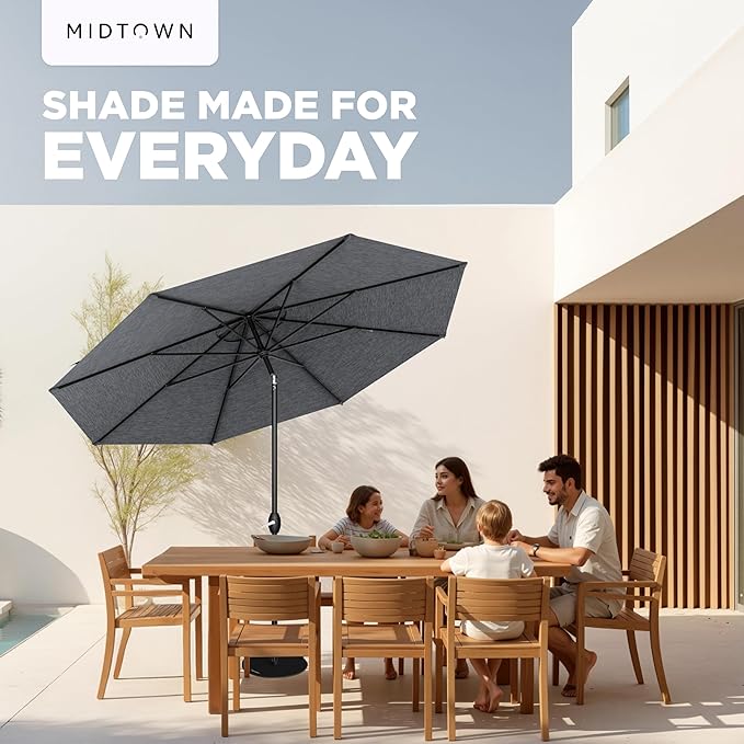 Midtown Umbrellas 10-Year-No-Fade - 9 Ft - UV Proof Heather Grey Polyester Fabric - Umbrella Outdoor Patio, Auto-Tilt Aluminum Frame Patio Umbrella for Garden, Pool & Deck - Black Pole