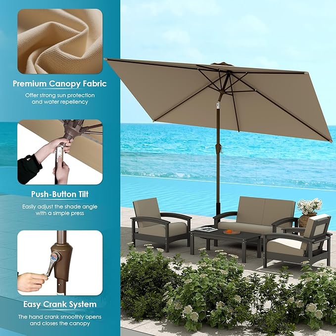 GREENVINES 6.5X10 FT Rectangular-Patio-Umbrella | Outdoor-Table-Umbrellas | 6 Sturdy Steel Ribs | Push Button Tilt & Crank | Waterproof | Market Umbrella | for Pool Backyard Garden Deck | Tan