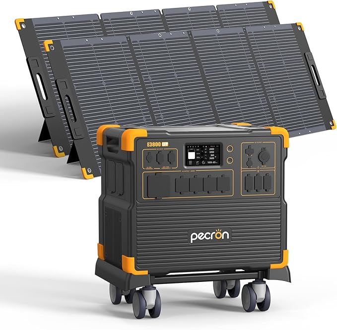 PECRON Portable Power Station E3800 LFP with 2x300W Solar Panels, 3840Wh LiFePO4 Battery Backup, 4200W Solar Generator, Expandable to 53.76kWh Power Station, Fast Charging for Home Emergency, Camping