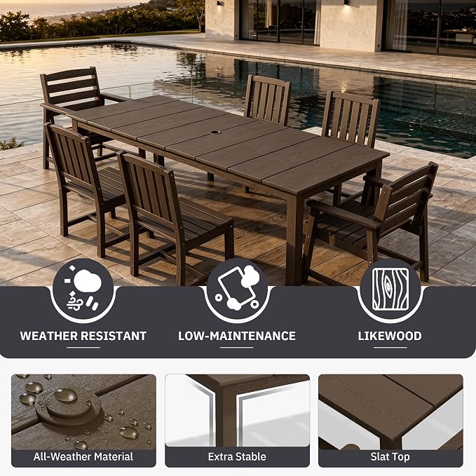 AreShark 7-Piece Outdoor Dining Set,HDPE Patio Table with 6 Armchairs,All-Weather Patio Furniture Set with Umbrella Hole,Low Maintenance Wood Grain Dining Set for Backyard,Garden,Poolside,Black