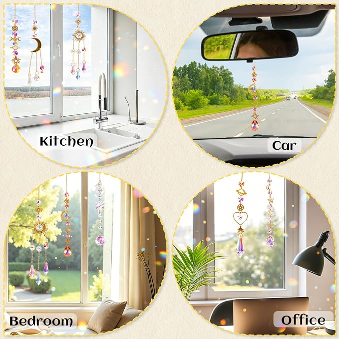 6 Pack Crystal Suncatchers for Window, Rainbow Prism Hanging Decor | Sun Catchers Indoor Hanging Decor with Sun Moon Star Charms, Sparkly Window Ornaments for Home, Office, Garden, Wedding Gift