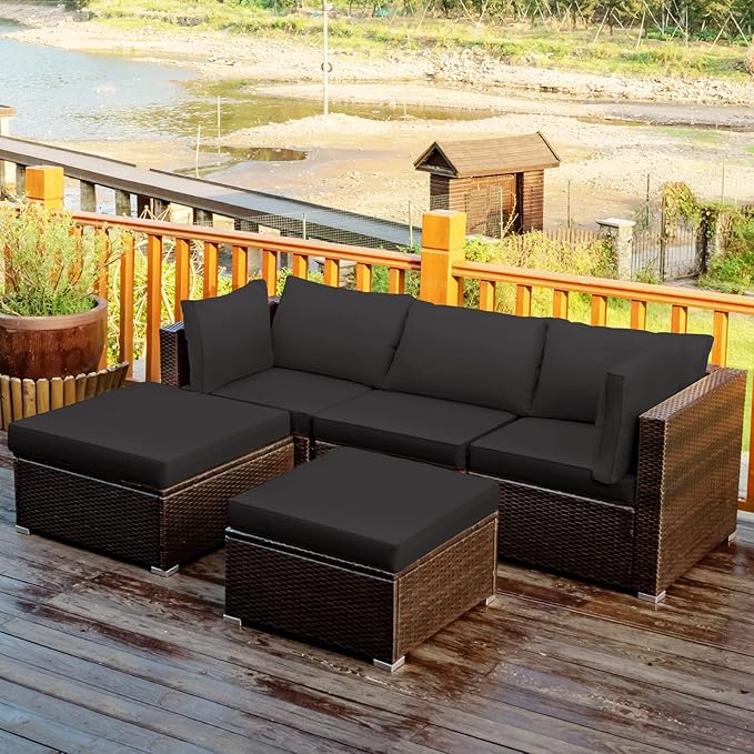 Tangkula 5 Piece Patio Furniture Set, Outdoor Sectional Rattan Sofa Set with Cushions and Coffee Table, Suitable for Backyard Porch Garden Poolside and Deck, Wicker Conversation Set (Black)